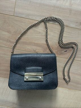 Furla Black Leather Crossbody with Silver Chain and Clasp